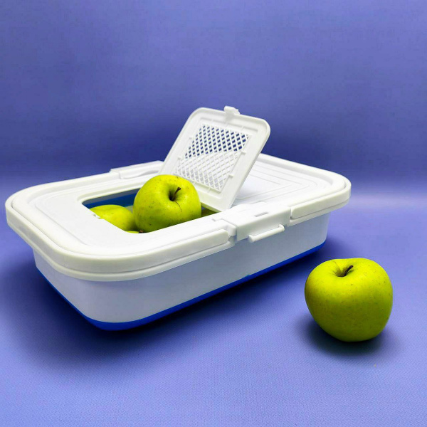 Корзина силиконовая складная 40х24х24 см. со сливным клапаном / Туристическая корзина для пикника 13 л.